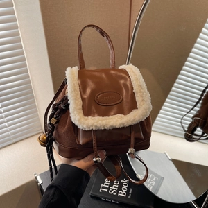 Women Vintage Faux Lamb Wool Trim Mini Backpack Fashion PU Leather Suede Stitching Casual Small Shoulder Bag With Drawstring Closure