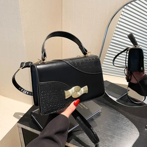 Minimalist black PU leather square handbag with crocodile embossing and gold buckle