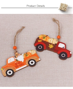 Close-up of wooden harvest truck pendants with Give thanks text and orange beads