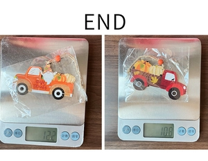 Detailed weight measurement of wooden pumpkin truck ornaments with autumn jute rope