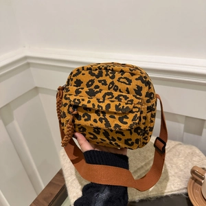Women Leopard Print Corduroy Crossbody Bag With Adjustable Shoulder Strap Japanese Casual Style Multi Pocket Small Square Purse