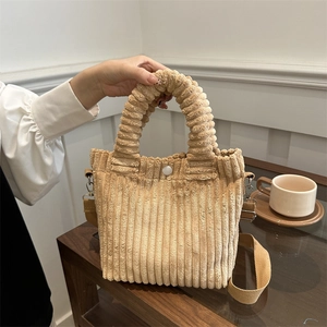 Women Fashion Corduroy Bucket Bag Winter Plush Furry Handbag Small Crossbody Square Bag With Adjustable Strap Casual Tote
