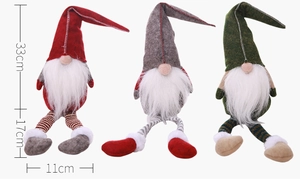 Detailed dimensions of three Christmas gnomes featuring long legs and pointed hats