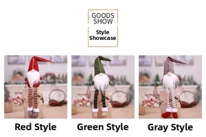 Three Christmas gnomes with long legs and striped hats in red, green, and gray colors