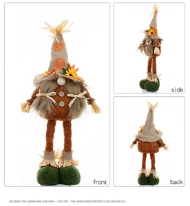 Three-view perspective of a harvest gnome with maple leaves and telescopic legs