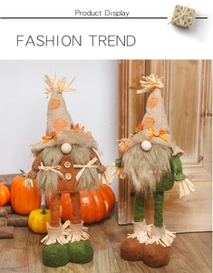 Close-up of harvest gnomes with telescopic legs and straw details for fall decoration