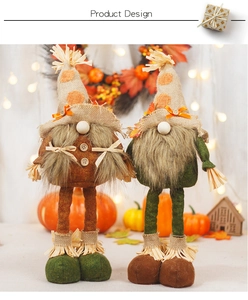 Detail of fall harvest gnomes featuring burlap hats, faux fur beards and maple leaf accents