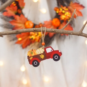 Harvest wooden truck ornament with pumpkins and maple leaf for autumn decoration