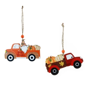 Wooden harvest truck ornaments with pumpkin and Give Thanks text for Fall decor