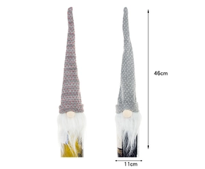 Detailed dimensions of 46cm tall knitted gnome wine bottle covers with white faux fur beards