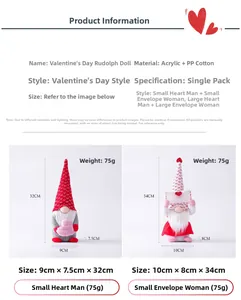 Size chart for Valentine's Day faceless gnomes with specific height and weight details