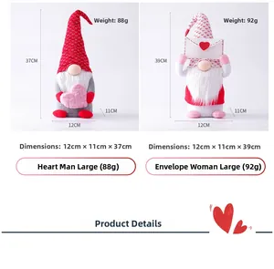 Detail view of Valentine's Gnomes with weight and size info for pink heart and envelope styles