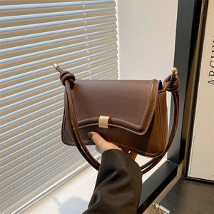 Women's Minimalist PU Leather Square Shoulder Bag With Gold Buckle Knot Strap Design Vintage Underarm Crossbody Bag