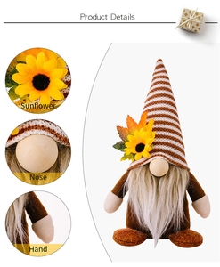 Details von Sonnenblume, Holznase und Stoffhand am herbstlichen Zwerg-Ornament