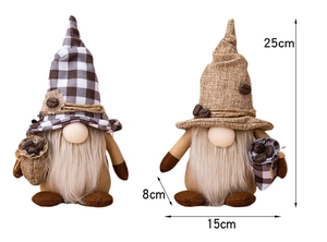 Détail montrant les dimensions de deux gnomes café avec chapeaux en tissu et lin