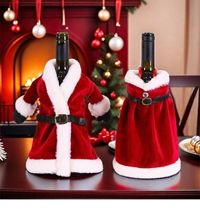 Detail of velvet Santa suit and dress wine bottle covers for Christmas table decor