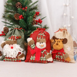 Natale Sacchetto Regalo in Lino Babbo Natale Pupazzo di Neve Alce Bambola 3D Coulisse Borsa Caramelle Decorazione Festa