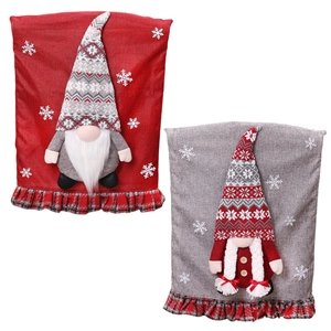 Christmas gnome chair covers in red and grey burlap fabric with snowflake patterns