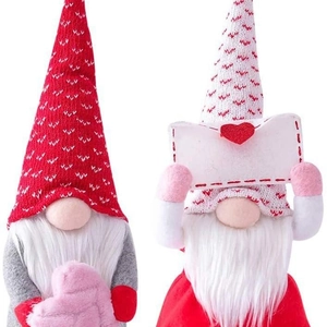 Set of two Valentine faceless gnomes with heart patterns for holiday window decoration