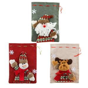 Set di 3 sacchetti regalo di Natale in lino con coulisse e pupazzi di peluche vari