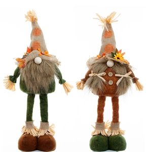 Pair of standing autumn harvest gnomes with maple leaf hats and retractable long legs