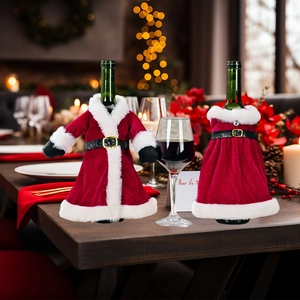 Christmas wine bottle covers set featuring Santa coat and dress in red velvet