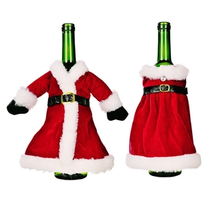 Christmas red velvet wine bottle covers with Santa coat and dress designs for festive decor