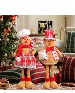 Detail of extendable gingerbread man plush toys with corduroy fabric and chef hats