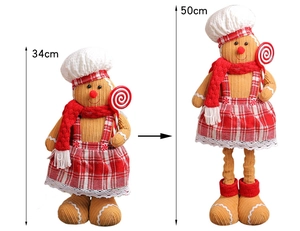 Adjustable gingerbread man plush showing height extension from 34cm to 50cm tall