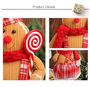 Detail of gingerbread man plush with corduroy texture and red knit scarf for Christmas decoration