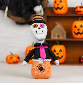 Detail of plush skeleton doll with a striped hat and spiderweb base for Halloween decor