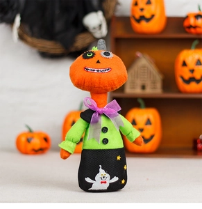 Felt Halloween pumpkin doll figurine with ghost pattern dress for festive table decor