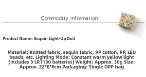 Detailed specs of LED sequin Christmas gnome with dimensions and battery info
