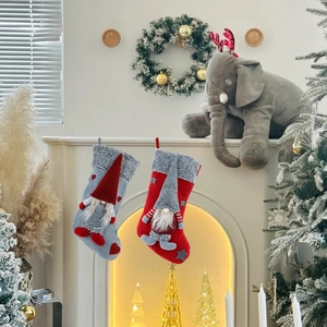 Set of two Christmas stockings with 3D gnomes, grey and red festive mantle decor