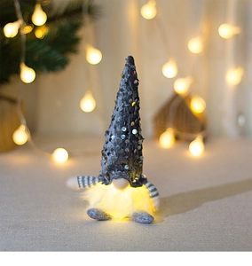 Detailed view of sequined Christmas gnome with built-in LED glowing beard decoration