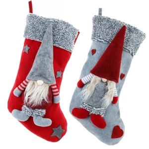 Set of 2 Christmas gnome stockings in red and grey with plush trim and hanging loops