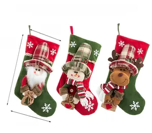 Detailed view of three 3D Christmas stockings featuring Santa, Snowman, and Reindeer motifs