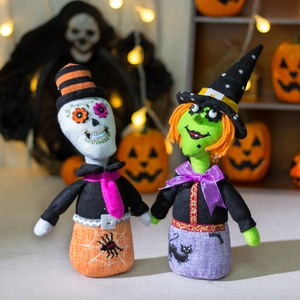 Halloween skeleton and witch plush figurines for tabletop decor with festive embroidery