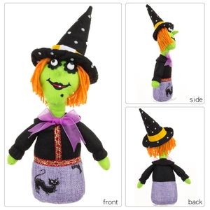 Halloween green fabric witch doll with black hat and cat print skirt, front side back view