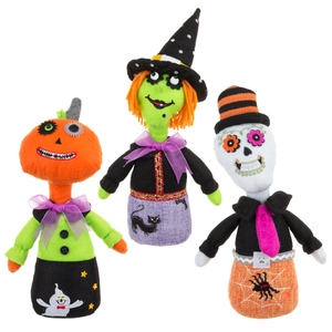 Three-piece Halloween plush set featuring pumpkin, green witch and skeleton figures