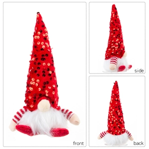 Three-sided view of a glowing Christmas Gnome plush with red sequins and white beard