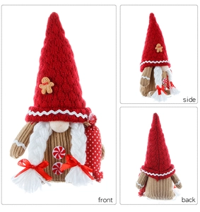 Three-view display showing front side and back of a knit Christmas gingerbread gnome girl