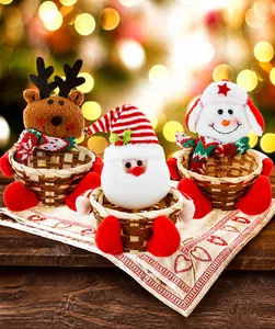 Close-up of Santa, Snowman and Reindeer plush candy baskets with woven bamboo texture