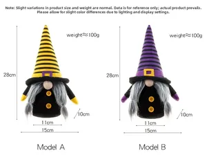 Detailed view of Halloween gnome figurines with striped hats and plush texture details