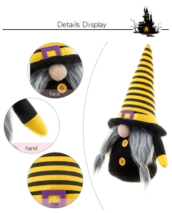 Detail display of Halloween gnome with yellow stripes, grey beard and orange buttons