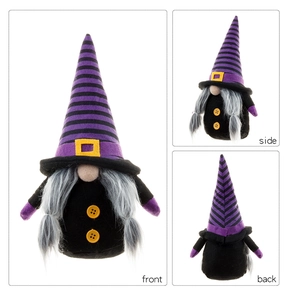Three-view detail of a Halloween faceless gnome with purple striped hat and yellow buttons
