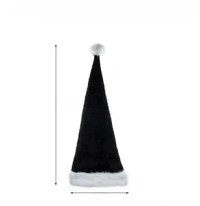 Extra long 75cm black plush Christmas hat with white fur trim and dimensions details