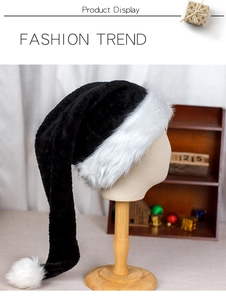 Detail of 75cm long black plush Christmas hat with white faux fur trim and pompom