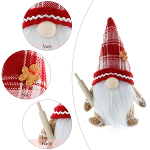 Christmas Gingerbread Gnome plush with knitted hat and wooden rolling pin decor