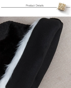 Detail of the high-quality black plush fabric and fluffy white faux fur trim of the hat